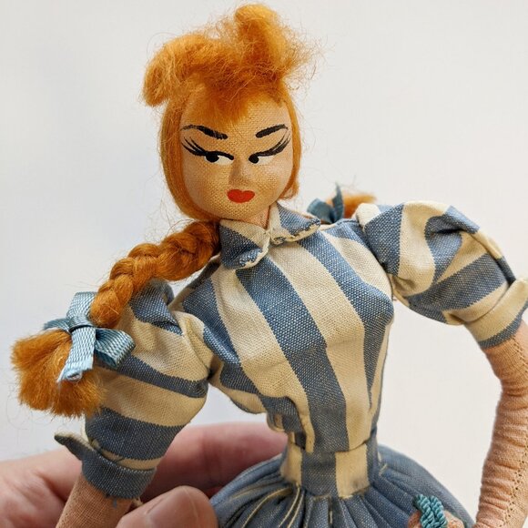 Vintage Cloth Wire Doll Redhead Pigtails Woman Girl with Dog on Leash 11" Cute - Picture 8 of 12